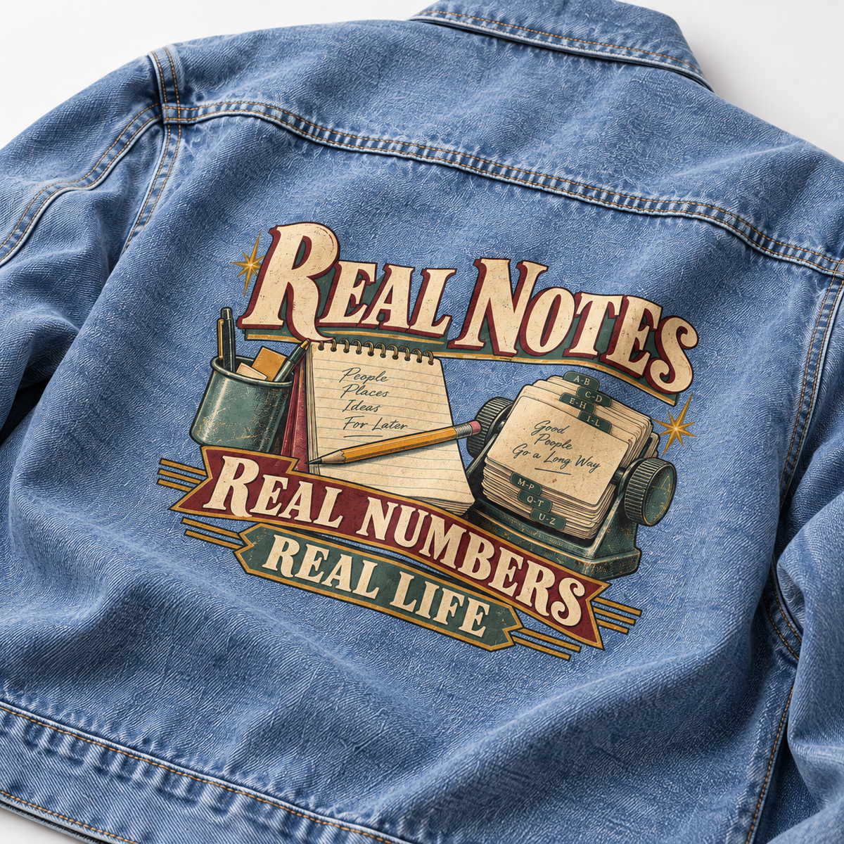 Back view of blue vintage denim jacket printed with Real Notes. Real Numbers. Real Life.
