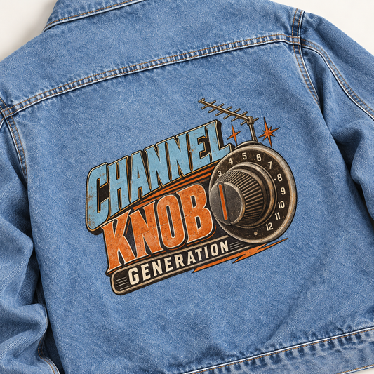 Back view of blue vintage denim jacket with printed Channel Knob Generation graphic.