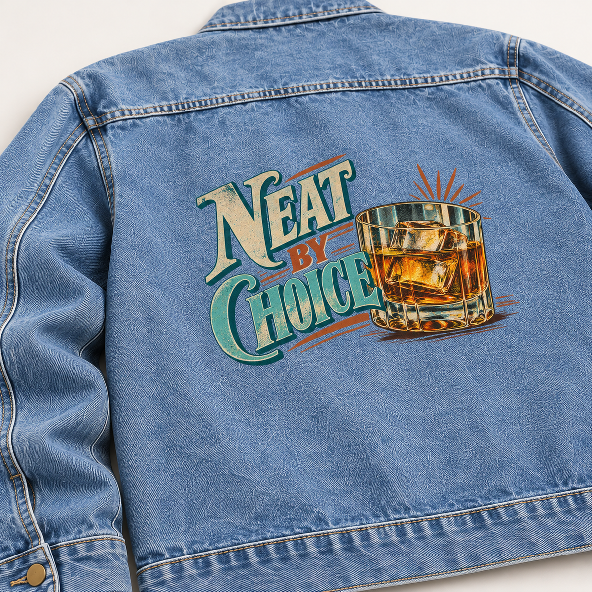 Back view of blue vintage denim jacket with printed Neat By Choice slogan and whiskey glass.