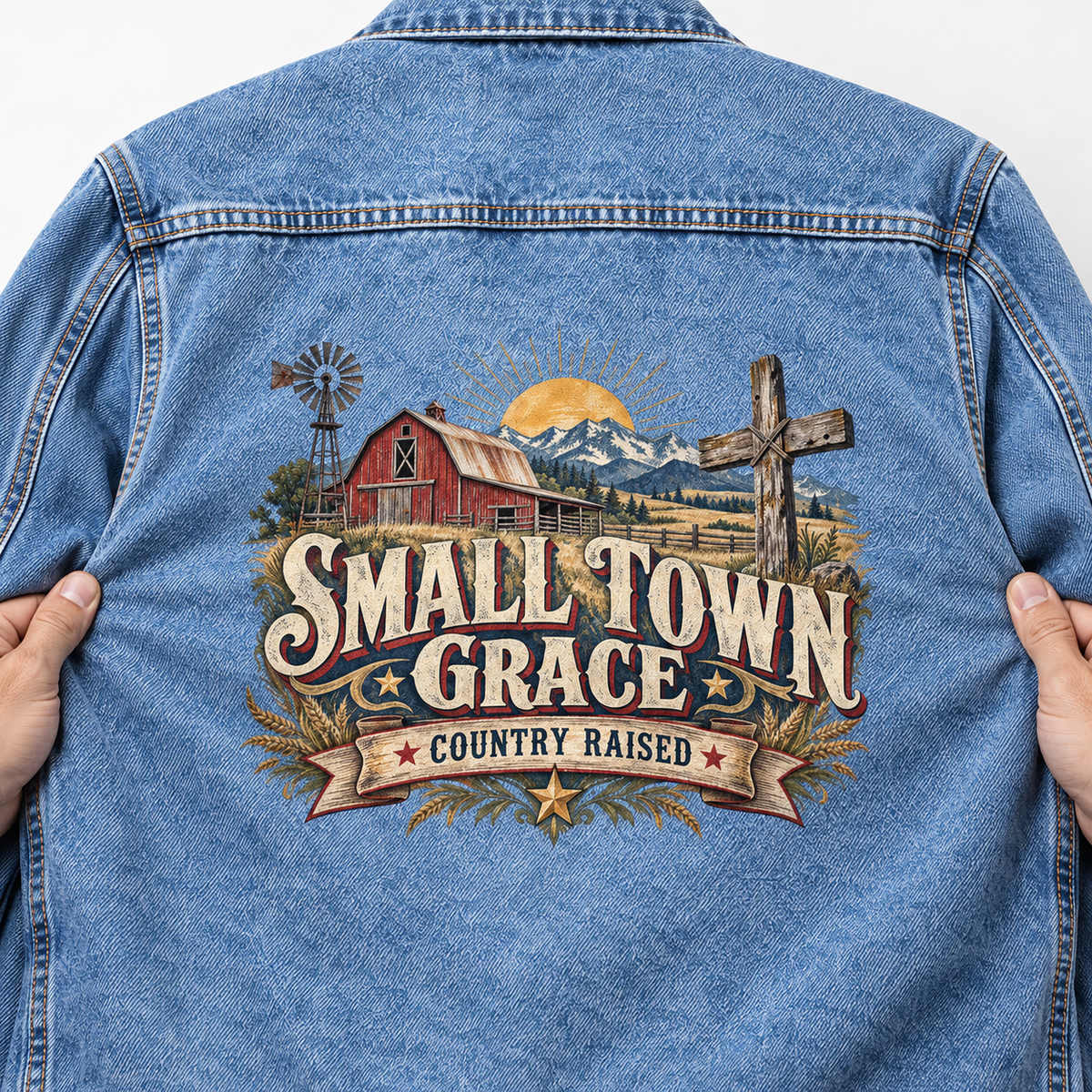 Close-up of Small Town Grace. Country Raised printed design on the back of vintage denim jacket