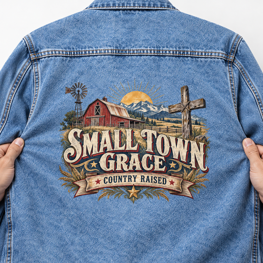 Close-up of Small Town Grace. Country Raised printed design on the back of vintage denim jacket
