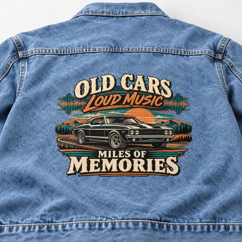Blue vintage denim jacket back, car print with Old Cars Loud Music Miles of Memories