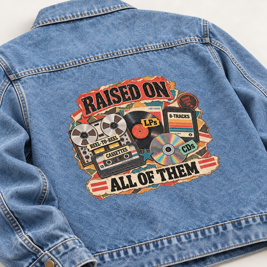 Blue vintage denim jacket back with printed Raised On All Of Them music graphic