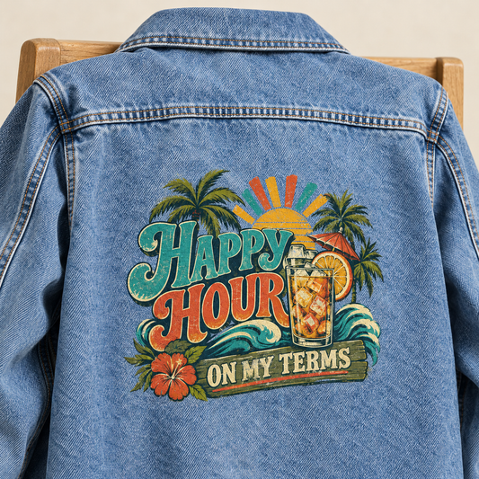 Back view of blue vintage denim jacket with printed Happy Hour On My Terms tropical design
