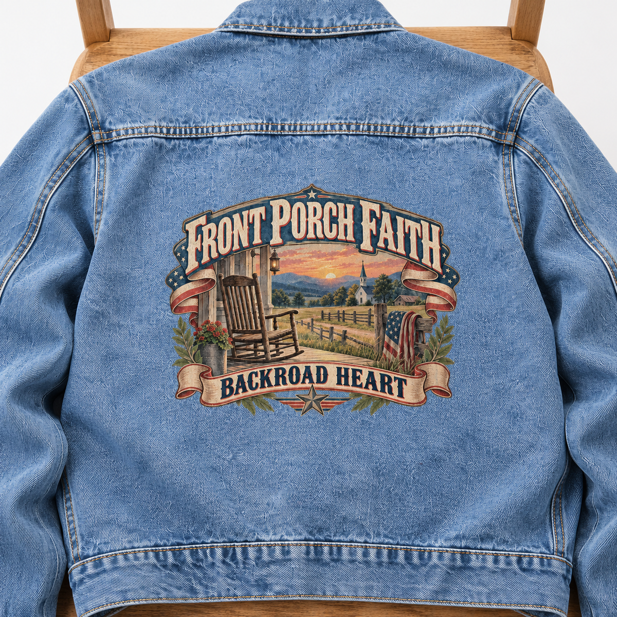 Close-up of Front Porch Faith. Backroad Heart printed design on the back of vintage denim jacket