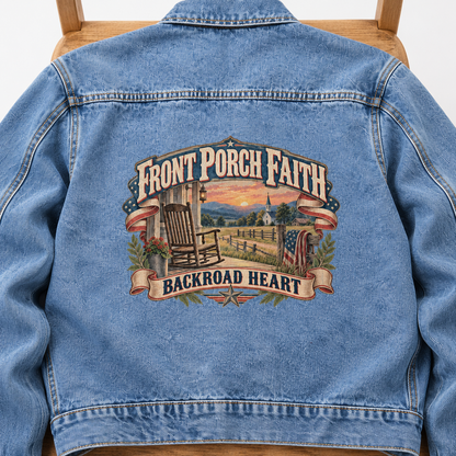 Close-up of Front Porch Faith. Backroad Heart printed design on the back of vintage denim jacket