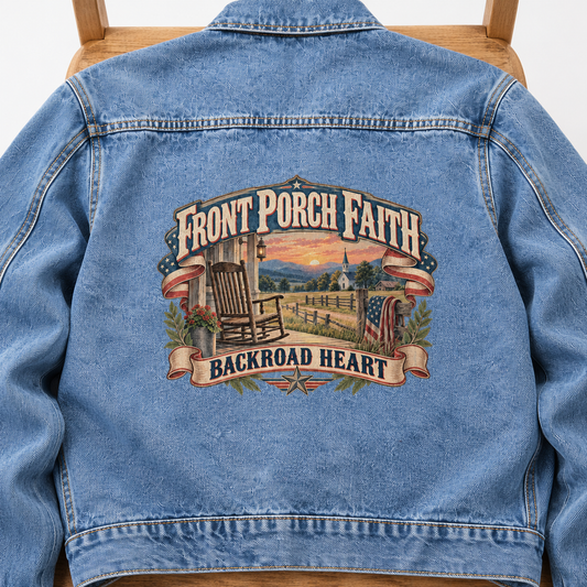 Close-up of Front Porch Faith. Backroad Heart printed design on the back of vintage denim jacket