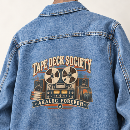 Close-up of Tape Deck Society. Analog Forever printed design on the back of vintage denim jacket