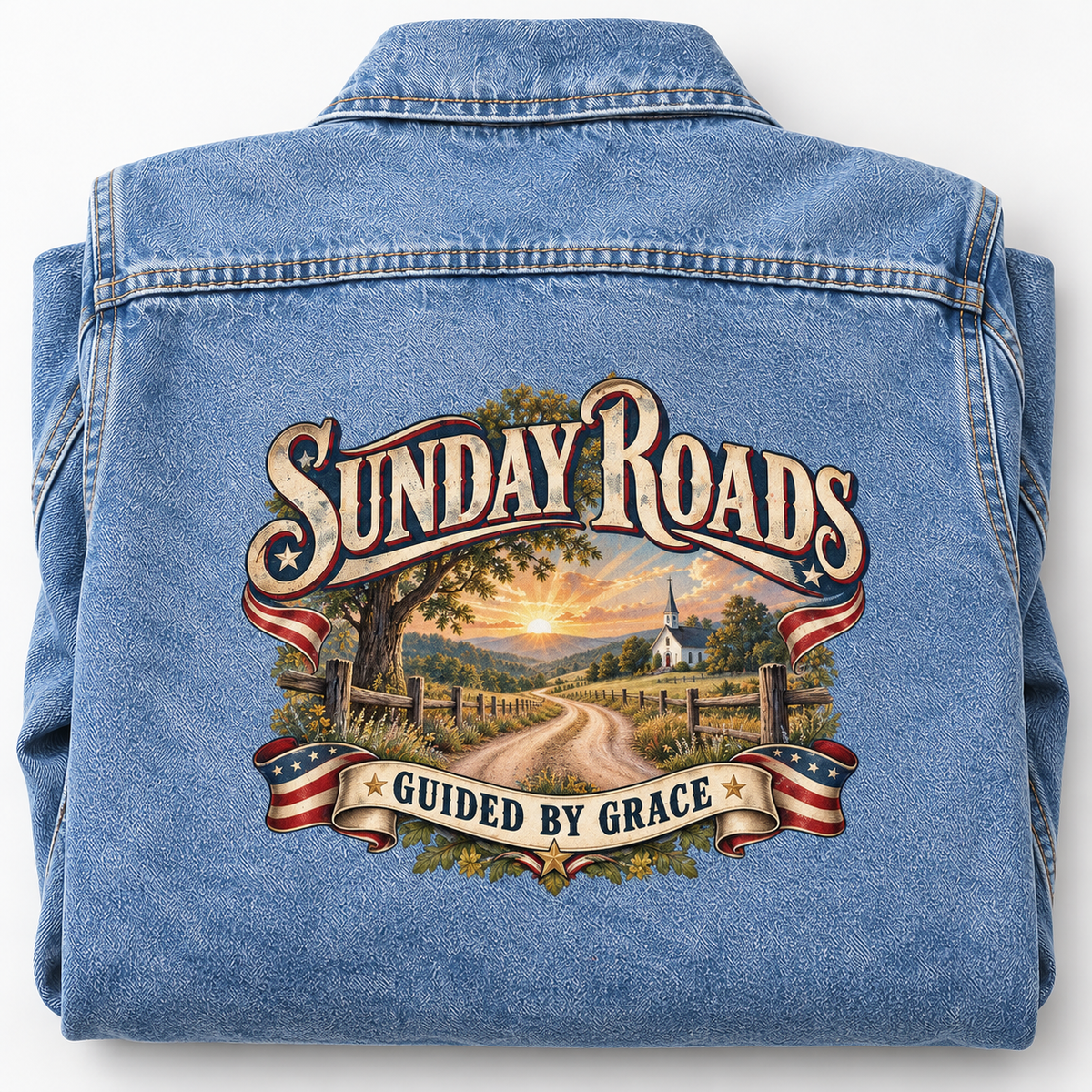 Close-up of Sunday Roads Guided By Grace printed design on the back of vintage denim jacket