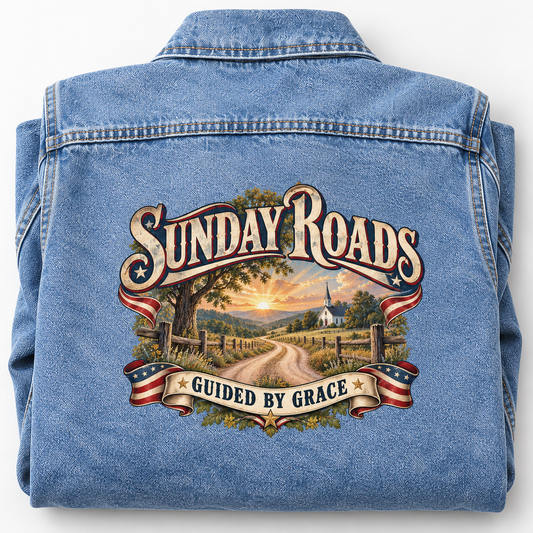 Close-up of Sunday Roads Guided By Grace printed design on the back of vintage denim jacket