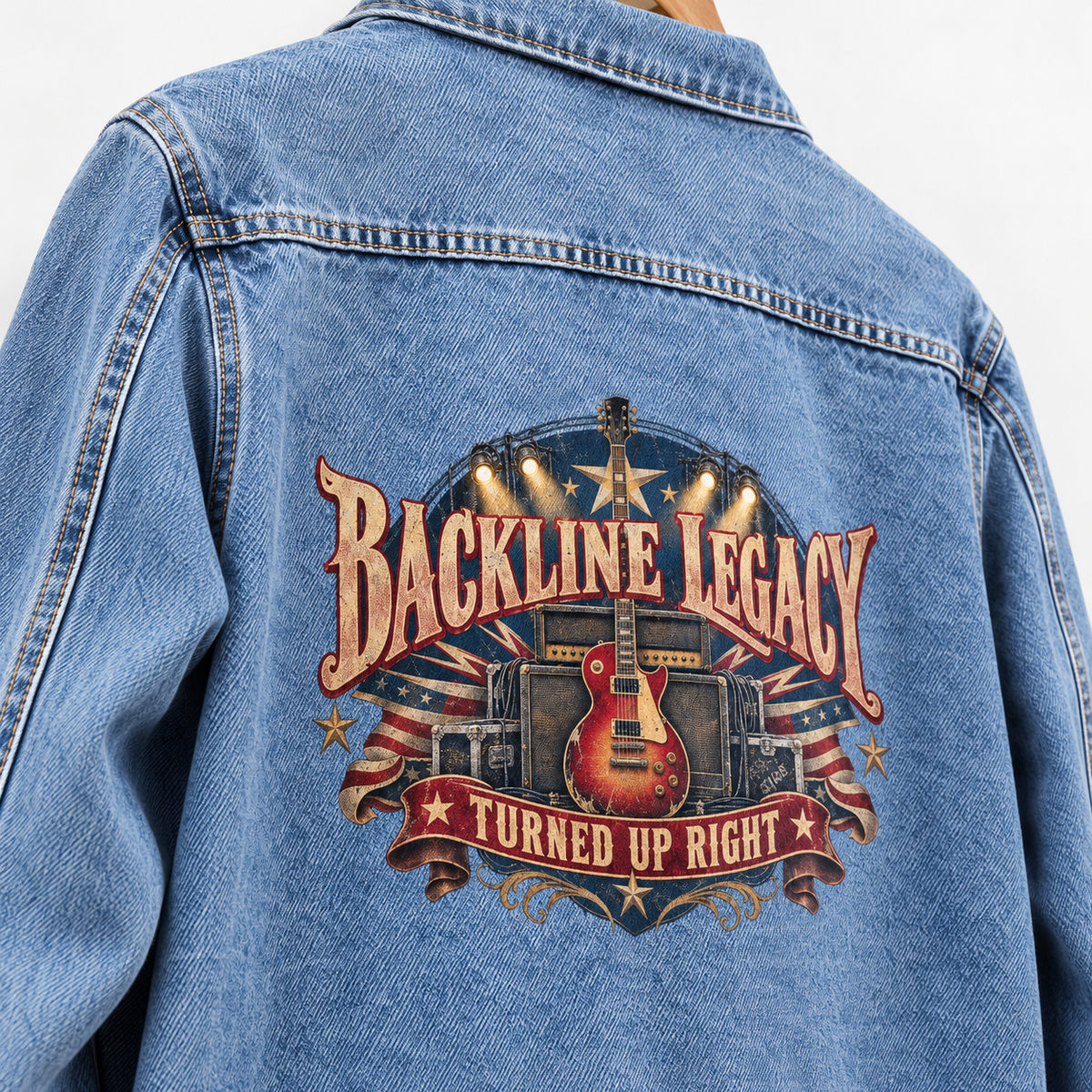 Close-up of Backline Legacy Turned Up Right printed design on the back of vintage denim jacket