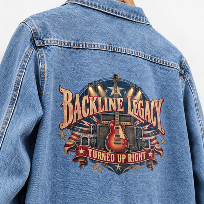 Close-up of Backline Legacy Turned Up Right printed design on the back of vintage denim jacket
