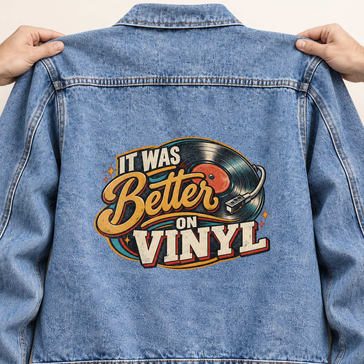 Blue vintage denim jacket, back view, with printed It Was Better On Vinyl record design
