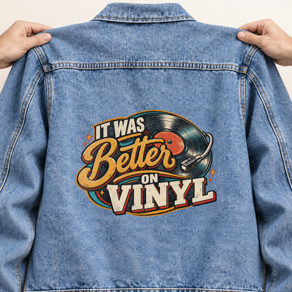 Blue vintage denim jacket, back view, with printed It Was Better On Vinyl record design