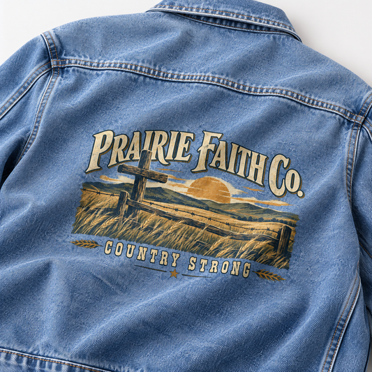 Close-up of Prairie Faith Co. Country Strong printed design on the back of vintage denim jacket