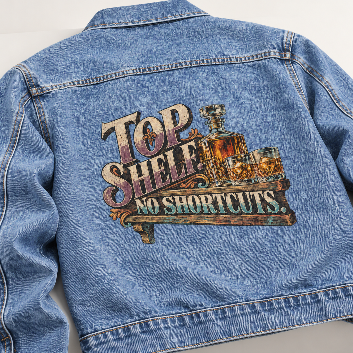 Back view of blue vintage denim jacket with printed Top Shelf. No Shortcuts design