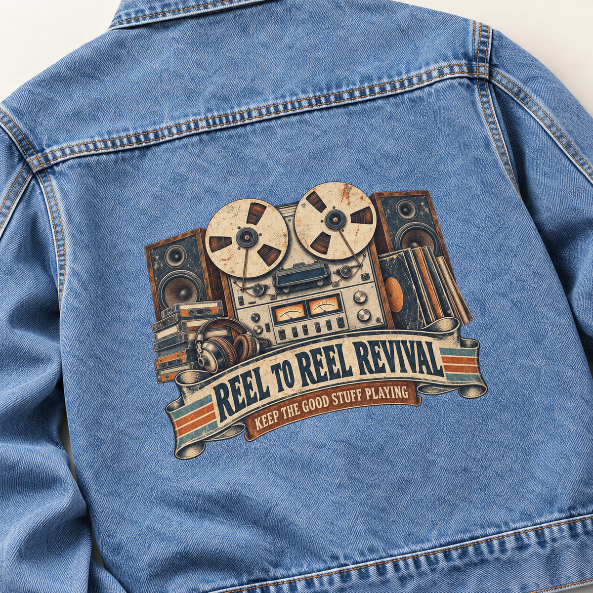 Close-up of Reel To Reel Revival. Keep The Good Stuff Playing printed design on the back of vintage denim jacket