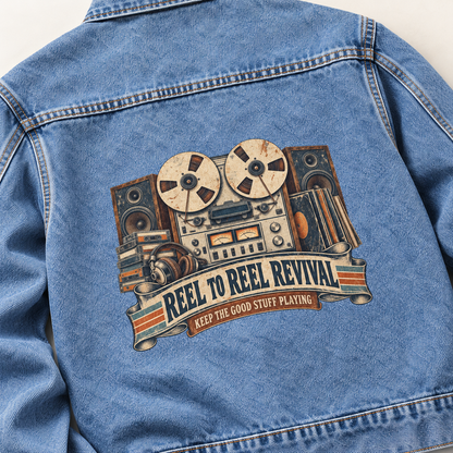 Close-up of Reel To Reel Revival. Keep The Good Stuff Playing printed design on the back of vintage denim jacket
