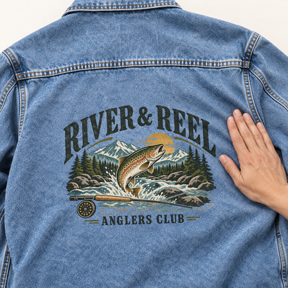 Close-up of River & Reel Anglers Club printed design on the back of vintage denim jacket