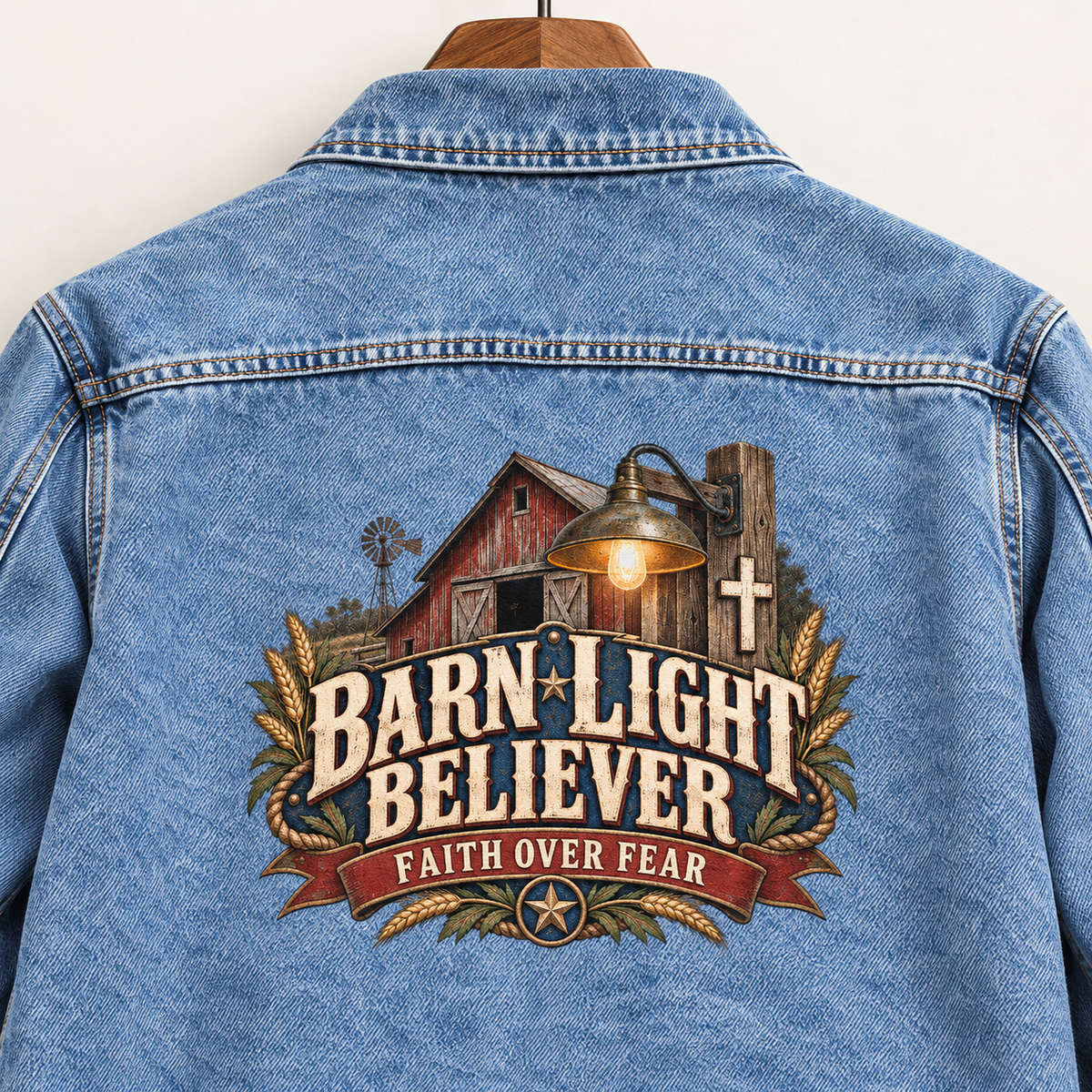 Close-up of Barn Light Believer. Faith Over Fear printed design on the back of vintage denim jacket