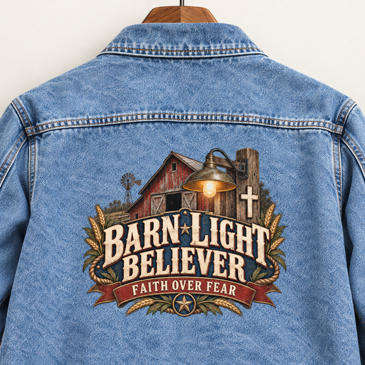 Close-up of Barn Light Believer. Faith Over Fear printed design on the back of vintage denim jacket