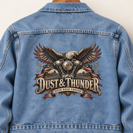 Close-up of Dust & Thunder. Open Road Proven printed design on the back of vintage denim jacket