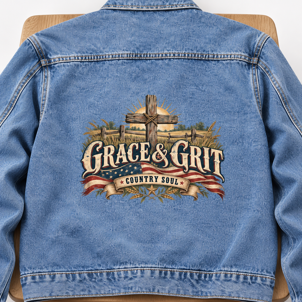 Close-up of Grace & Grit. Country Soul printed design on the back of vintage denim jacket