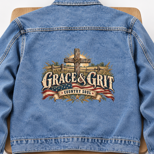 Close-up of Grace & Grit. Country Soul printed design on the back of vintage denim jacket