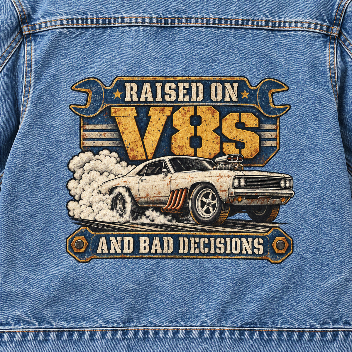 Blue vintage denim jacket back with printed car and Raised On V8s And Bad Decisions