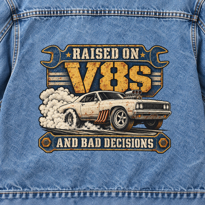 Blue vintage denim jacket back with printed car and Raised On V8s And Bad Decisions