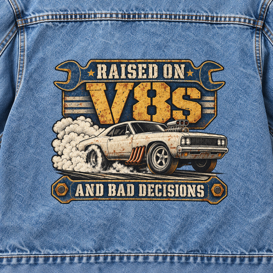 Blue vintage denim jacket back with printed car and Raised On V8s And Bad Decisions