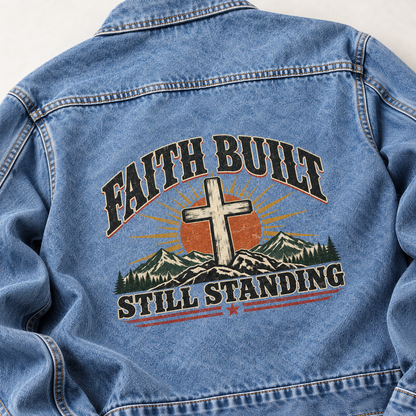 Close-up of Faith Built Still Standing printed design on the back of vintage denim jacket