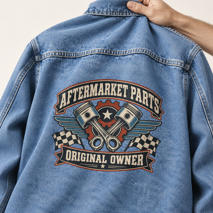 Close-up of Aftermarket Parts. Original Owner printed design on the back of vintage denim jacket