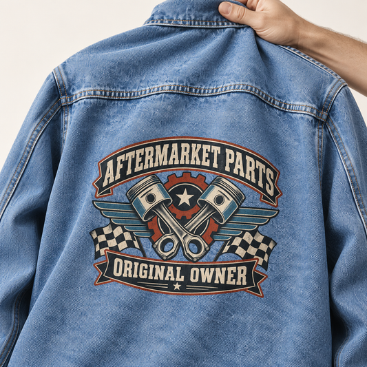 Close-up of Aftermarket Parts. Original Owner printed design on the back of vintage denim jacket