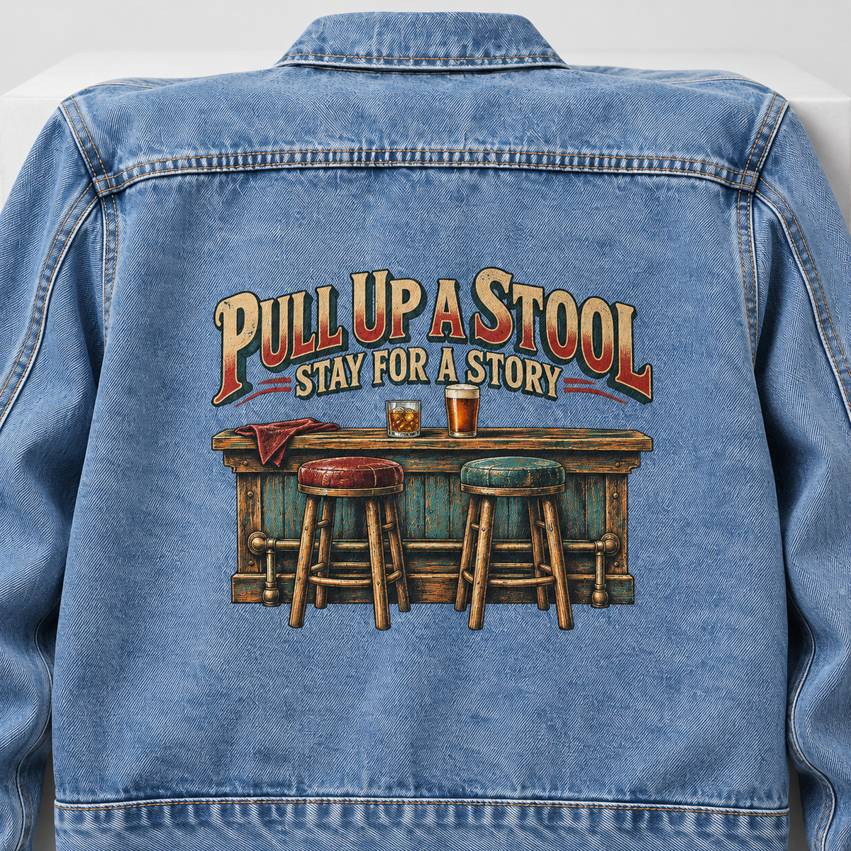 Blue vintage denim jacket back view, printed Pull Up A Stool Stay For A Story