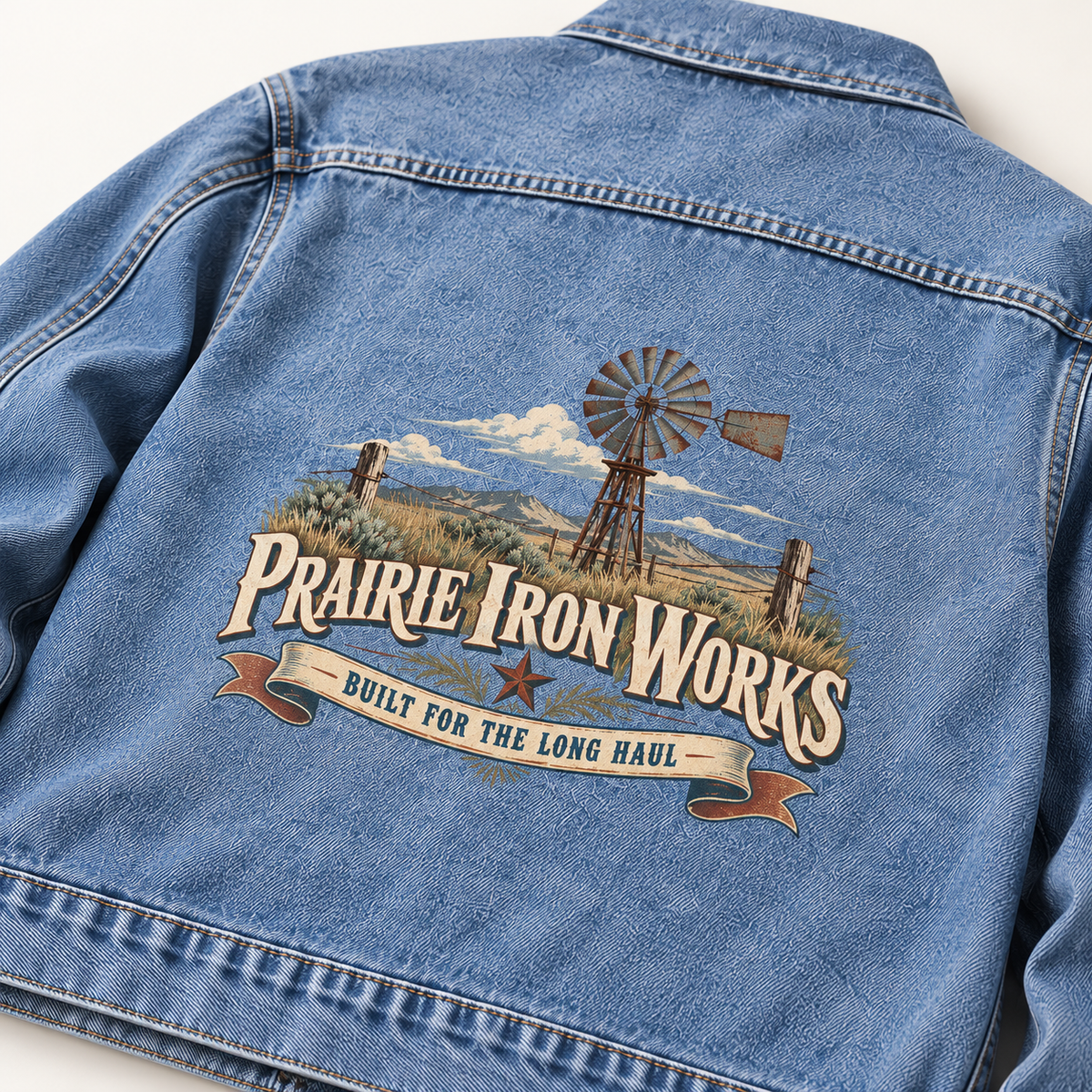 Close-up of Prairie Iron Works Built For The Long Haul printed design on the back of vintage denim jacket