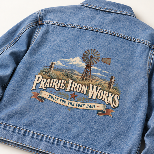 Close-up of Prairie Iron Works Built For The Long Haul printed design on the back of vintage denim jacket
