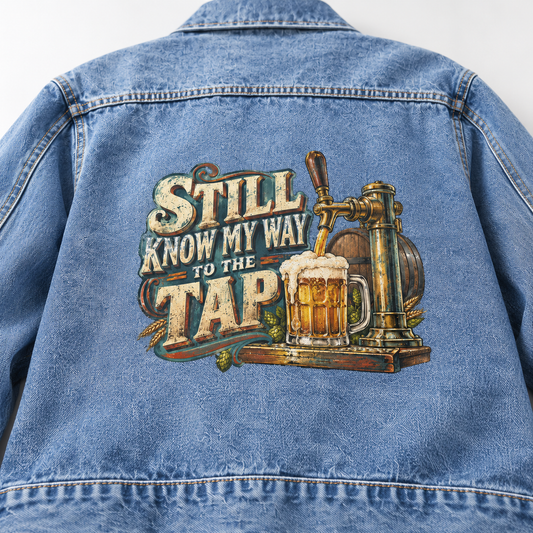 Blue vintage denim jacket, back view, printed Still Know My Way To The Tap
