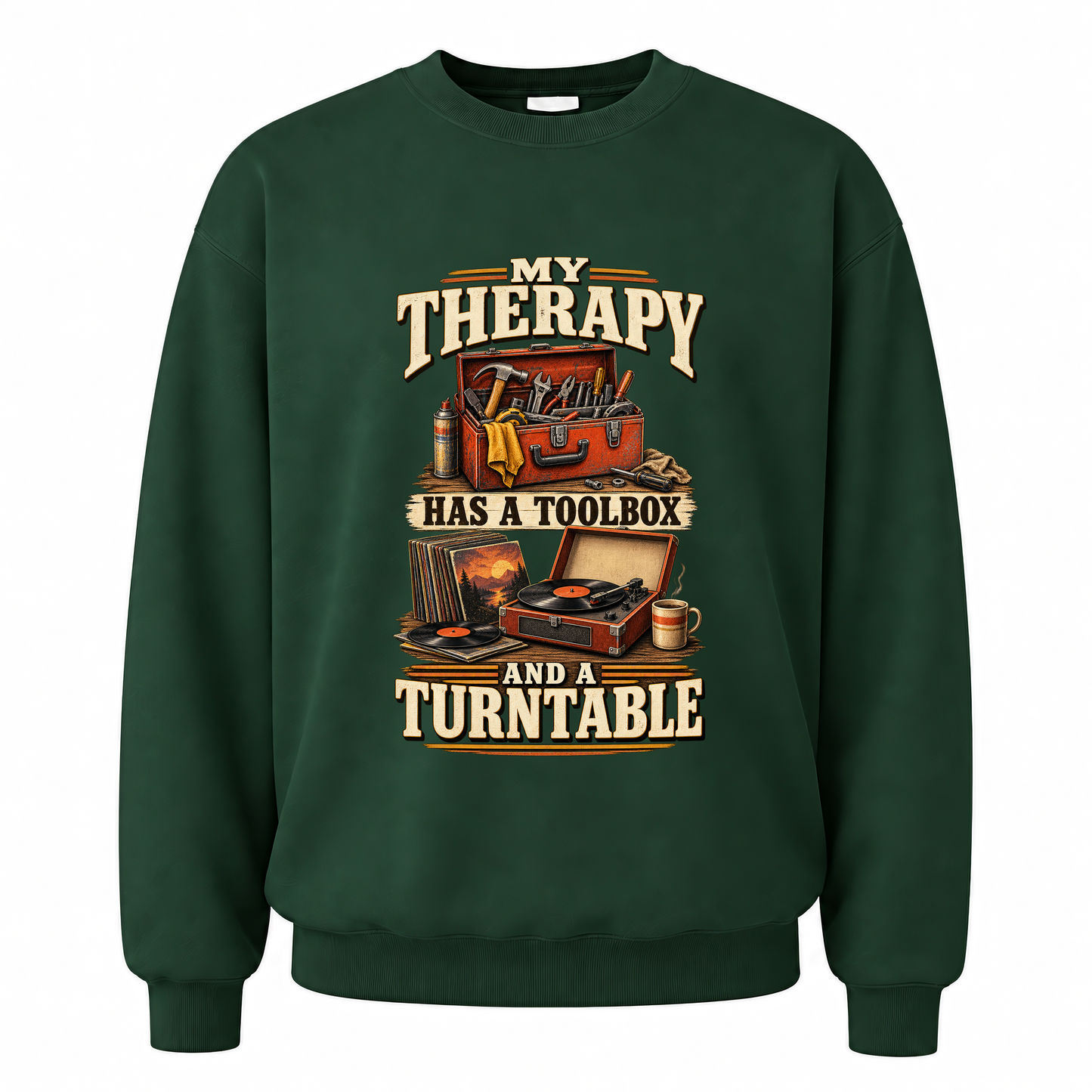 Forest Green vintage sweatshirt with 33 toolbox and turntable ideogram 4x printed front design