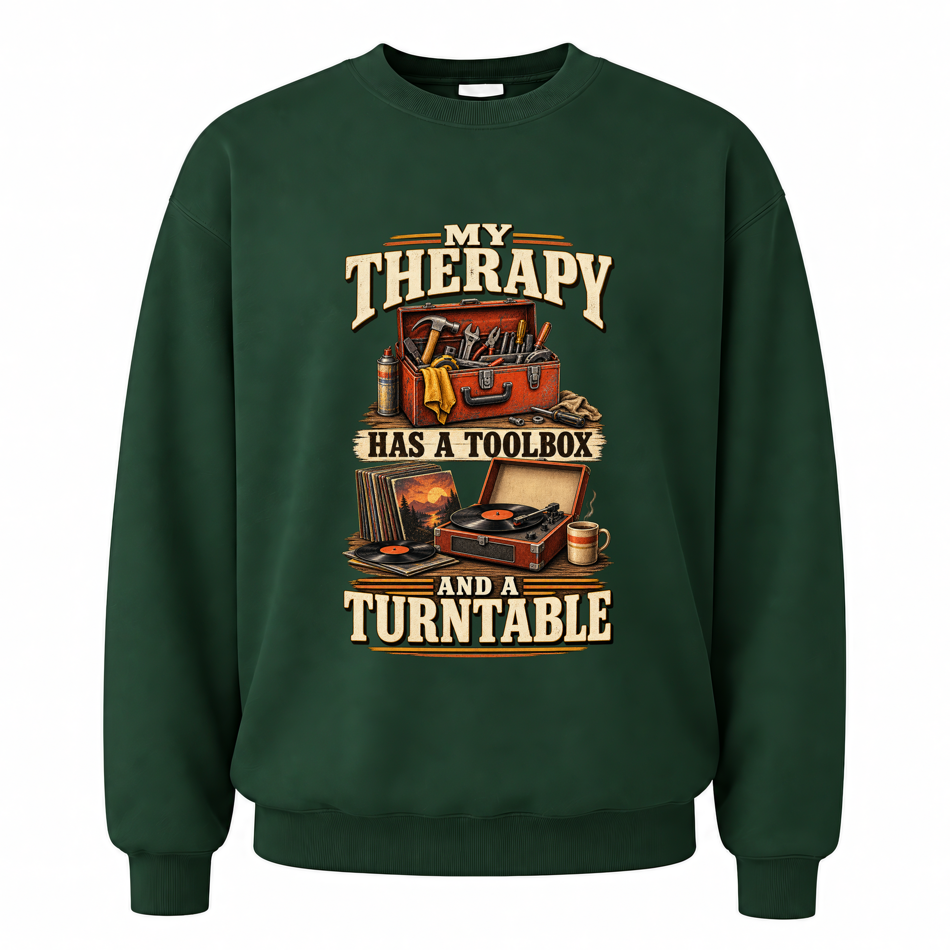 Forest Green vintage sweatshirt with 33 toolbox and turntable ideogram 4x printed front design