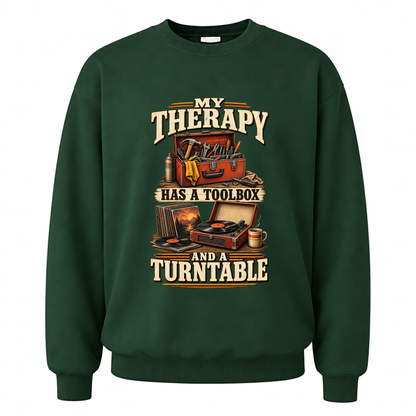 Forest Green vintage sweatshirt with 33 toolbox and turntable ideogram 4x printed front design
