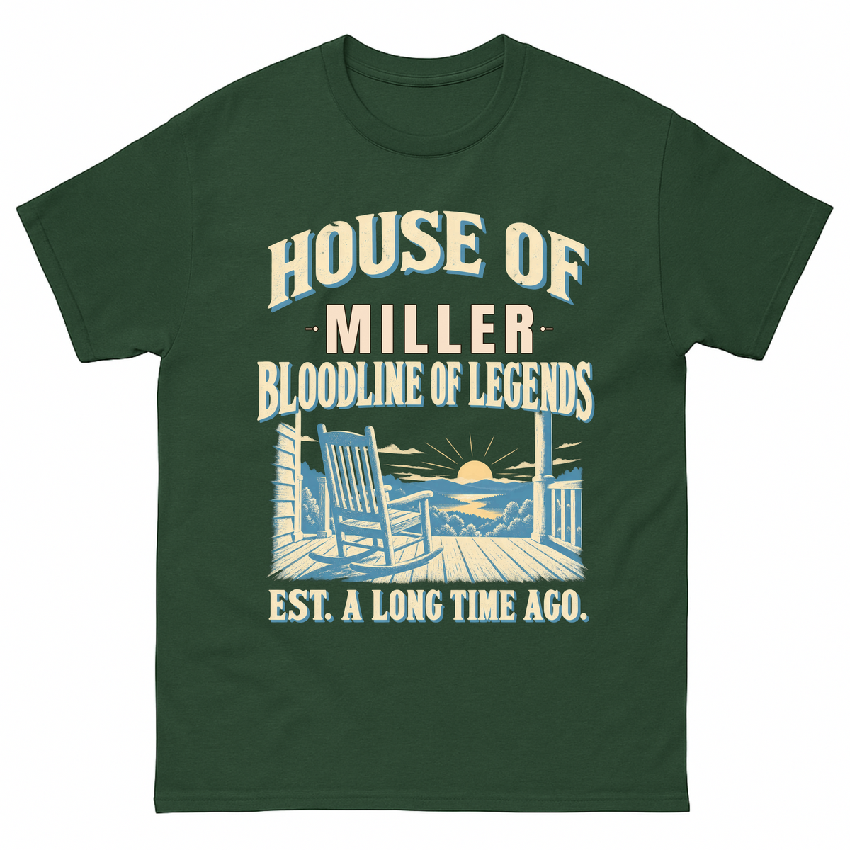 Forest Green vintage t-shirt with House Of Your Family Name Bloodline Of Legends Front Porch printed front design
