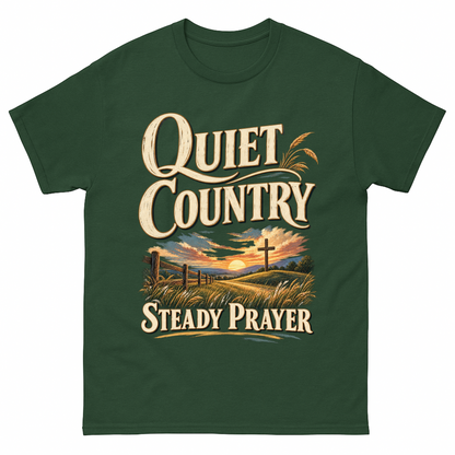 Forest Green vintage t-shirt with Quiet Country Steady Prayer printed front design