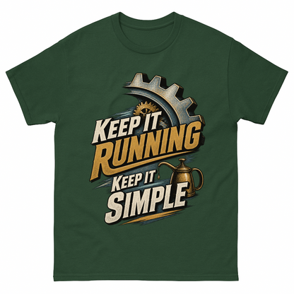 Forest Green vintage t-shirt with Keep It Running. Keep It Simple printed front design