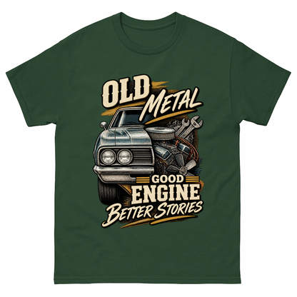 Forest Green vintage t-shirt with Old Metal Good Engine Better Stories printed front design