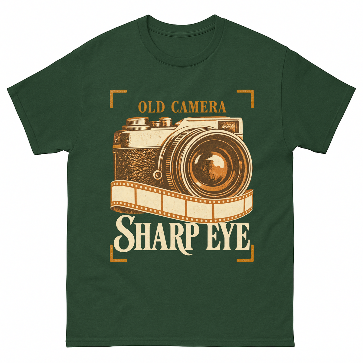 Forest Green vintage t-shirt with Old Camera. Sharp Eye printed front design