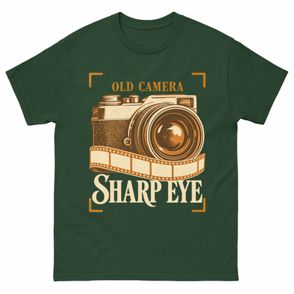 Forest Green vintage t-shirt with Old Camera. Sharp Eye printed front design