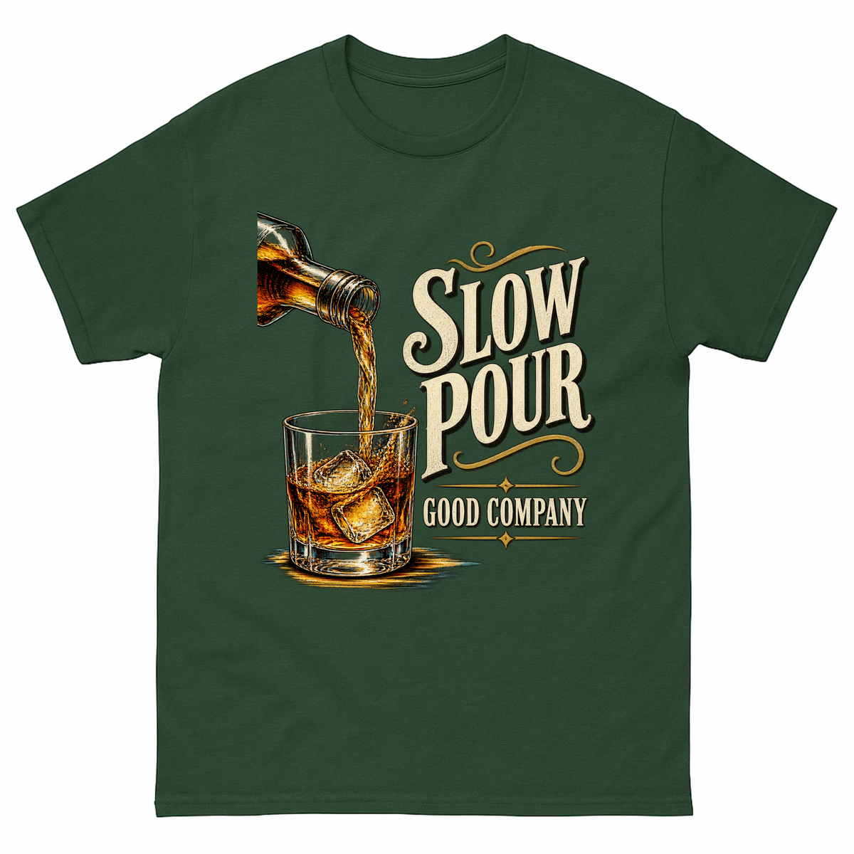 Forest Green vintage t-shirt with Slow Pour Good Company printed front design