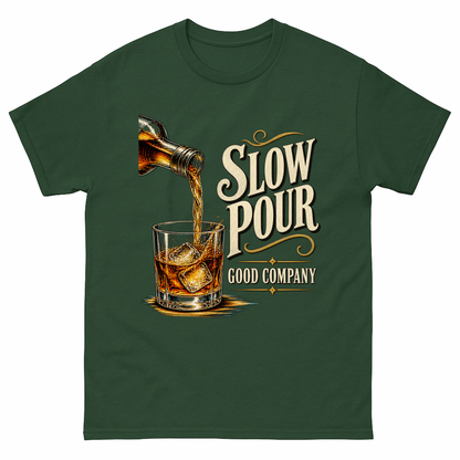 Forest Green vintage t-shirt with Slow Pour Good Company printed front design