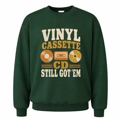 Forest Green vintage sweatshirt with Vinyl Cassette CD Still Got 'Em printed front design